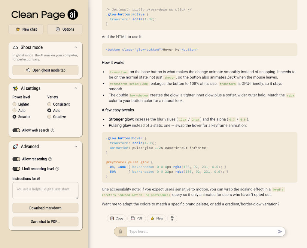 Clean Page AI's interface